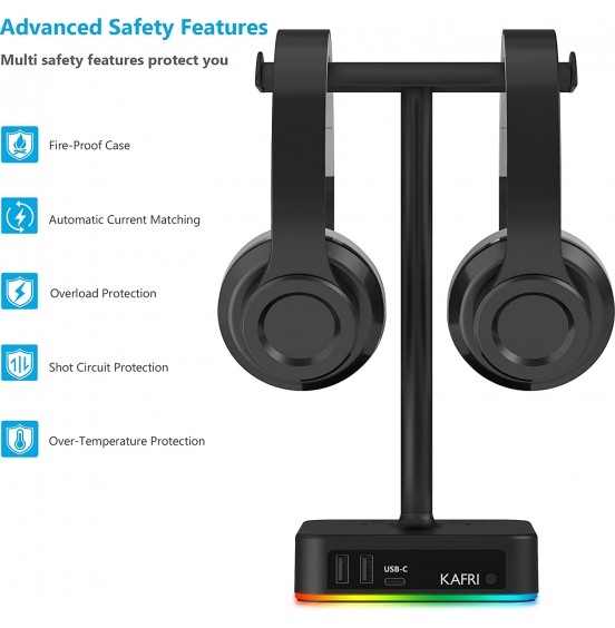 KAFRI RGB Headphone Stand with USB Charger Desk Gaming Headset Holder Hanger Rack with 3 USB Charging Port and 2 Outlet - Suitable for Gamer Desktop Table Game Earphone Accessories Boyfriend Gift KAFRI RGB Headphone Stand with USB Charger Desk Gaming Headset Holder Hanger Rack with 3 USB Charging Port and 2 Outlet - Suitable for Gamer Desktop Table Game Earphone Accessories Boyfriend Gift