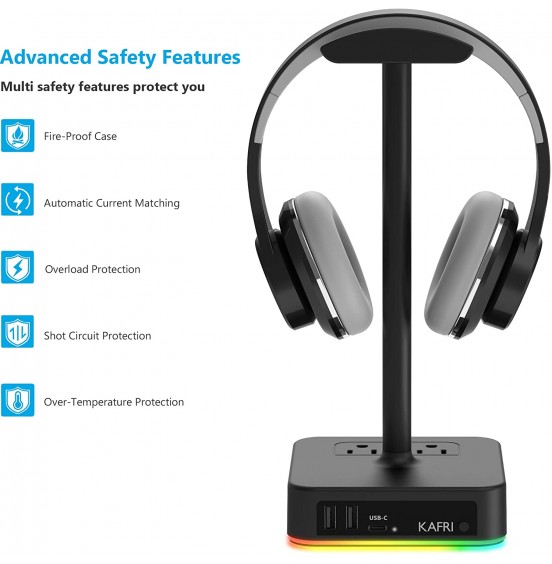 KAFRI RGB Headphone Stand with USB Charger Desk Gaming Headset Holder Hanger Rack with 3 USB Charging Port and 2 Outlet - Suitable for Gamer Desktop Table Game Earphone Accessories Boyfriend Gift KAFRI RGB Headphone Stand with USB Charger Desk Gaming Headset Holder Hanger Rack with 3 USB Charging Port and 2 Outlet - Suitable for Gamer Desktop Table Game Earphone Accessories Boyfriend Gift